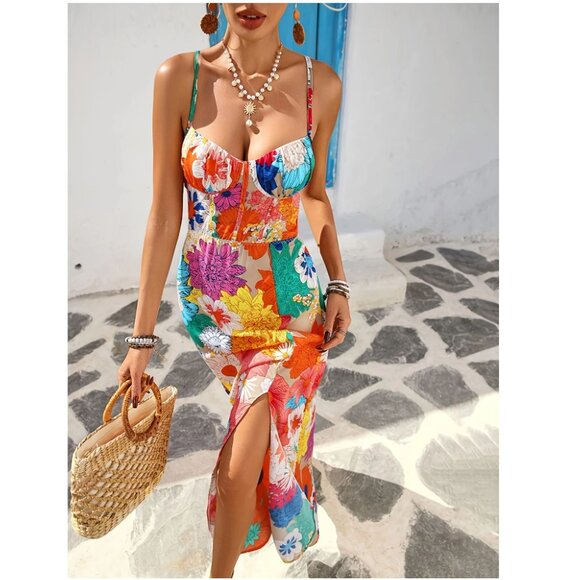 Multicolor Floral Flower Criss Cross Back Straps Maxi Dress - Picture 3 of 4